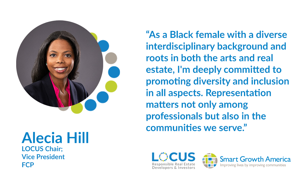 A white graphic with Alecia's headdshot and the LOCUS logo shares a quote from her that reads "As a Black female with a diverse interdisciplinary background and roots in both the arts and real estate, I'm deeply committed to promoting diversity and inclusion in all aspects. Representation matters not only among professionals but also in the communities we serve."